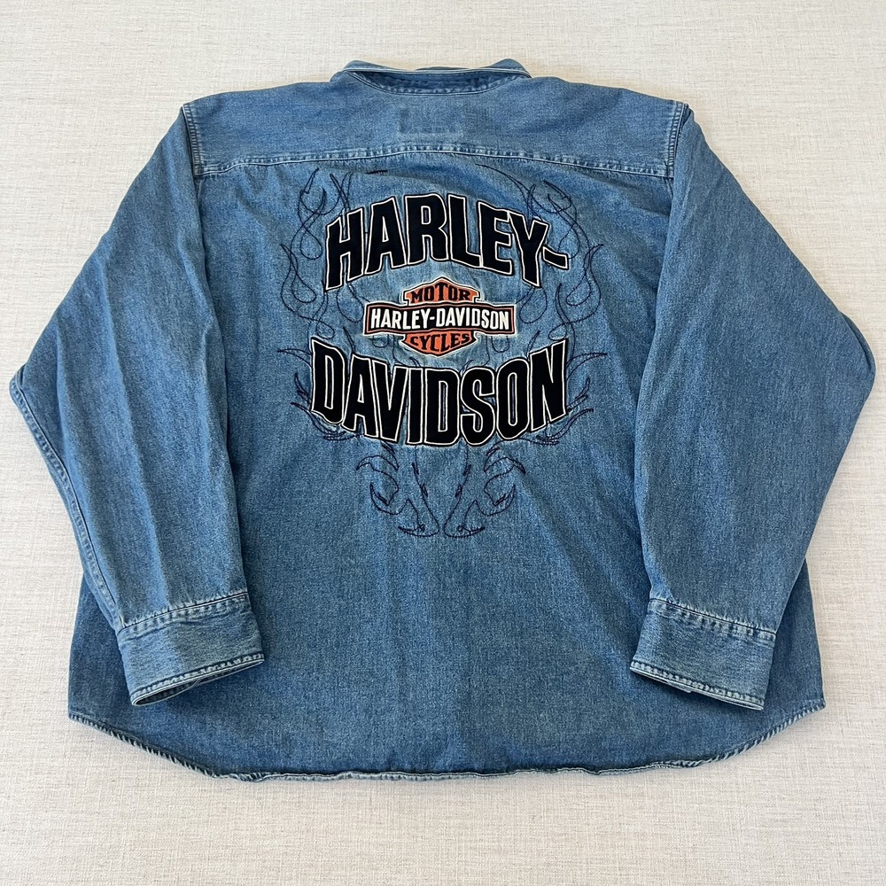 Harley Davidson Shirt Shacket Men's 2XL Blue Denim Embroidered Biker Flames Snap